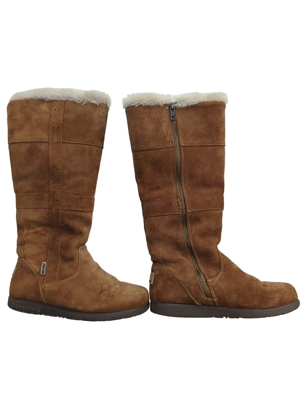 BEARPAW Brown Suede Side Zip 14" Tall Boots Sheepskin Wool lining Women's Size 5